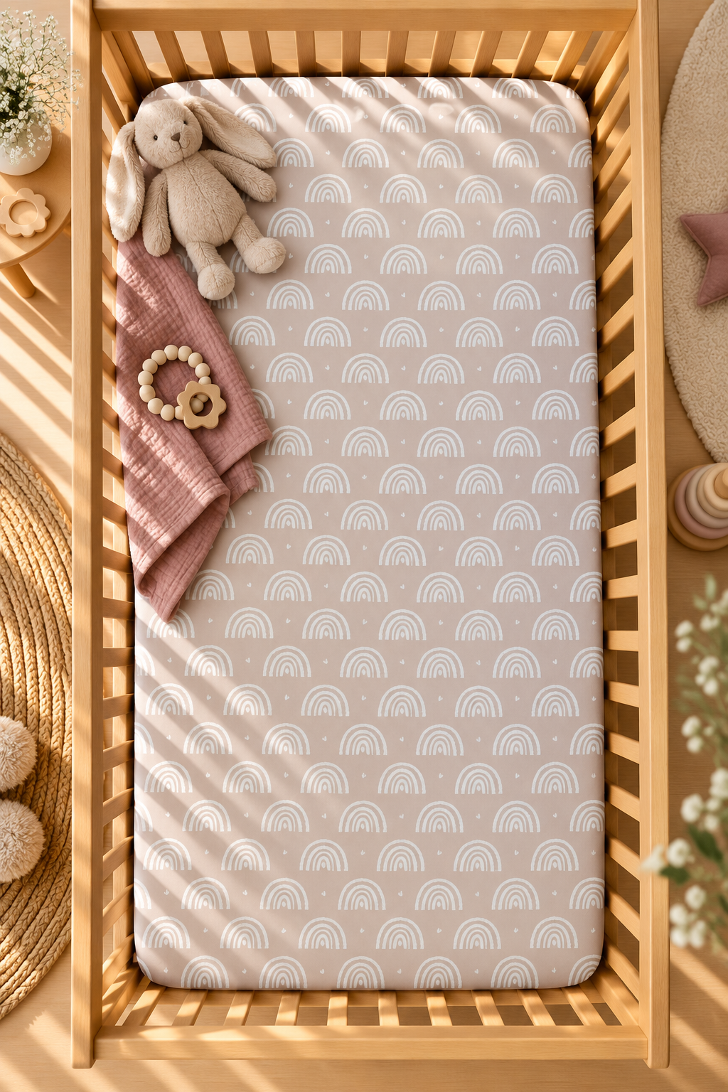 Blush Boho Rainbow Crib Sheet seen from above in a wooden crib