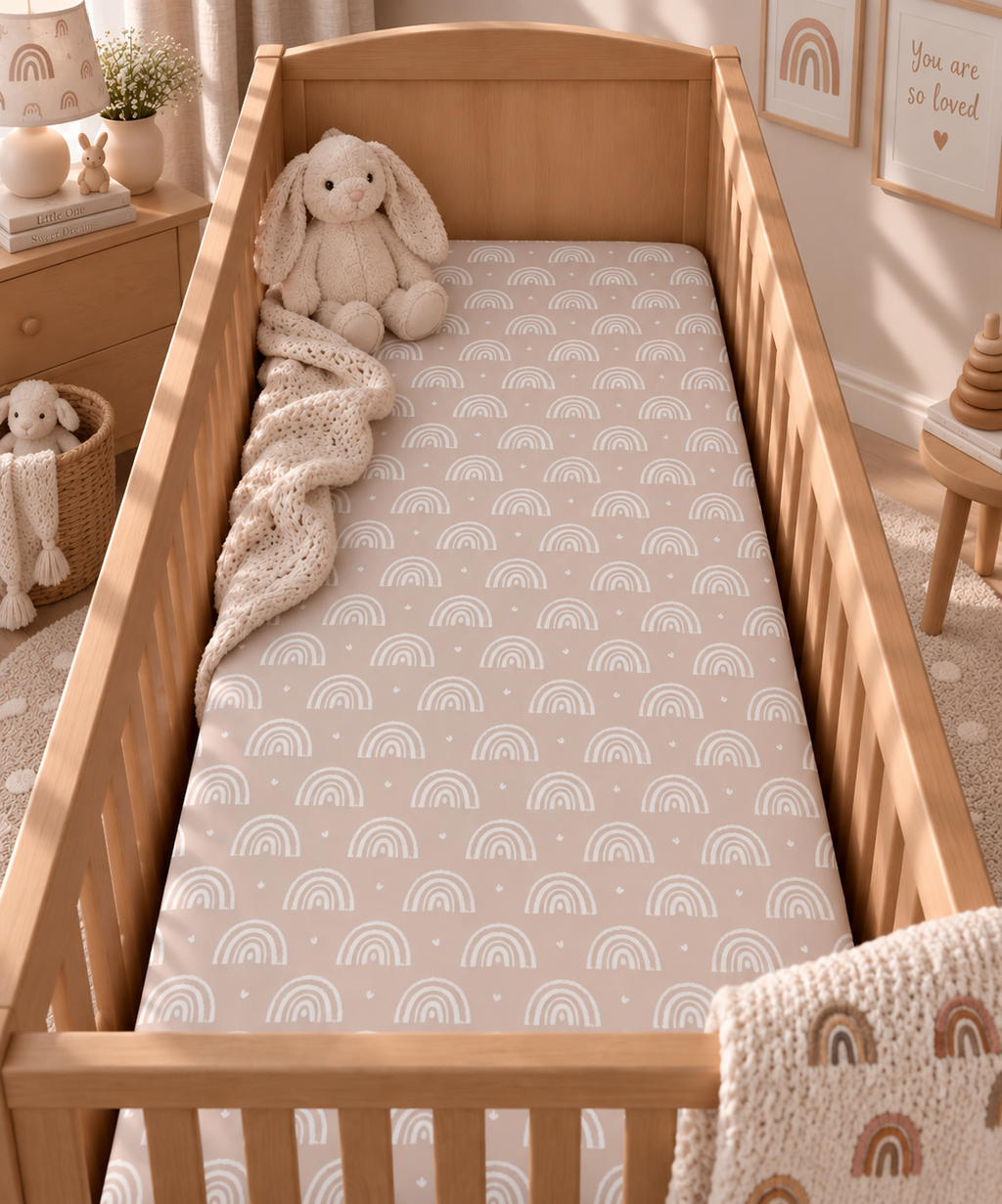 Blush Boho Rainbow Crib Sheet on a wooden crib mattress in a baby girl nursery