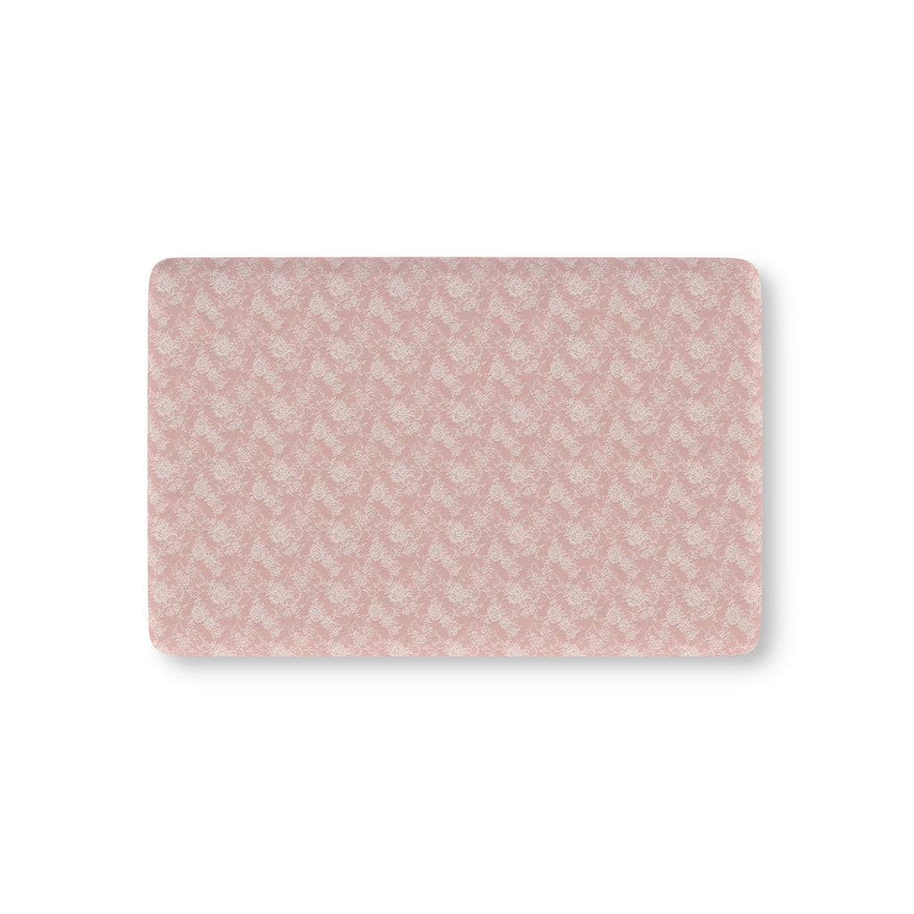 Blush Pink Lace Floral Crib Sheet laid flat in Mini size with white lace style roses on blush pink