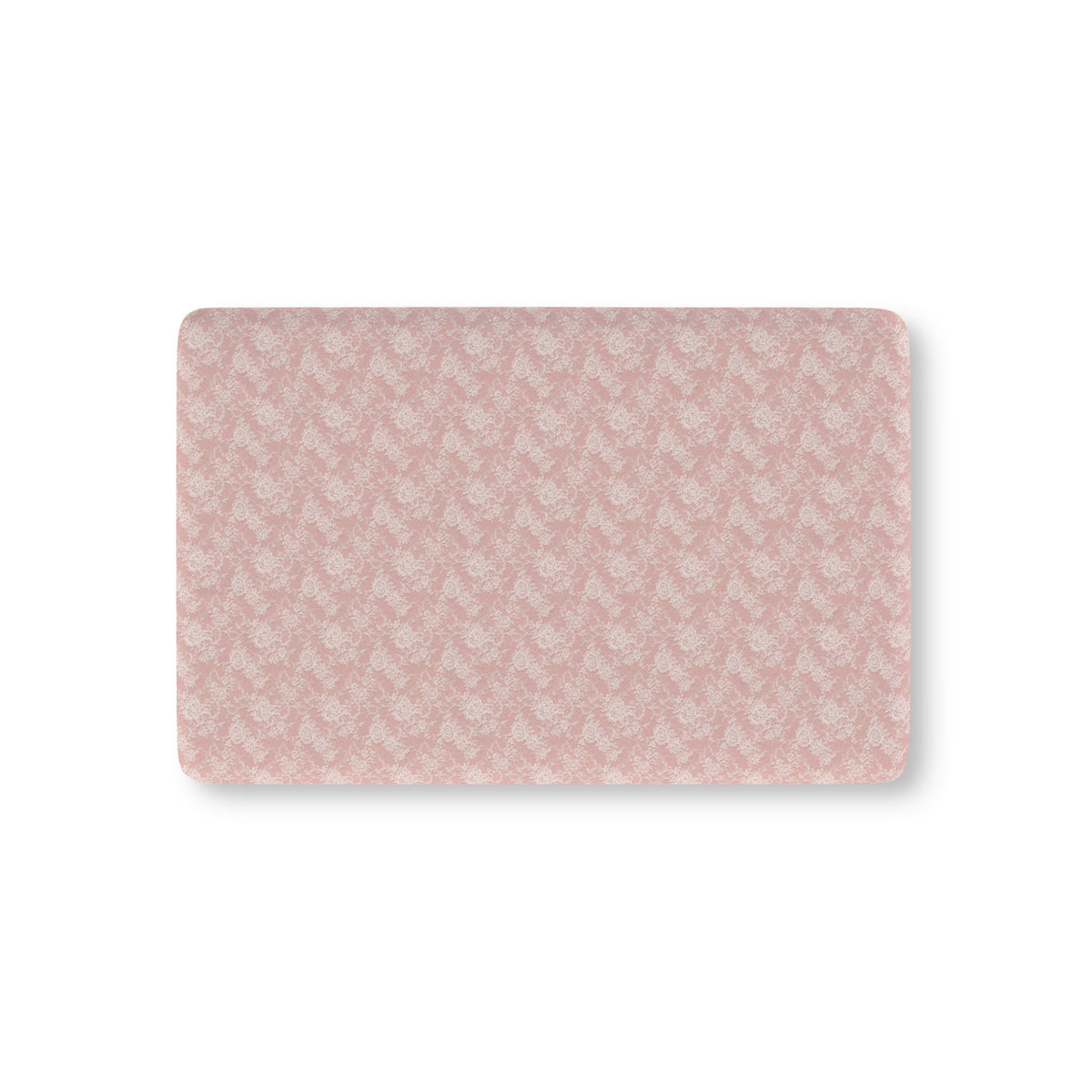 Blush Pink Lace Floral Crib Sheet laid flat in Mini size with white lace style roses on blush pink