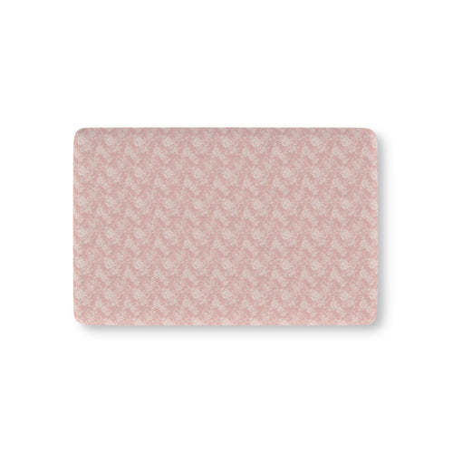 Blush Pink Lace Floral Crib Sheet laid flat in Mini size with white lace style roses on blush pink