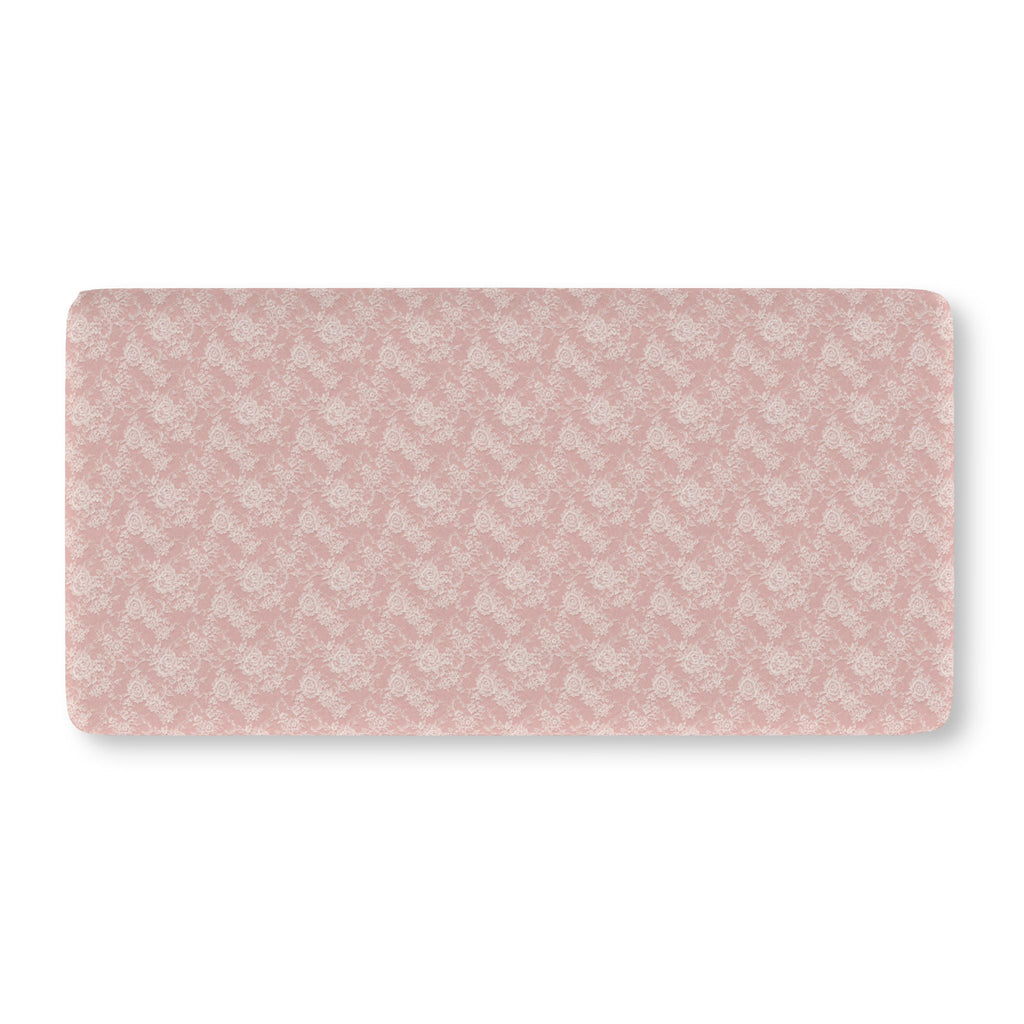 Blush Pink Lace Floral Crib Sheet laid flat in Standard size with white lace style roses on blush pink