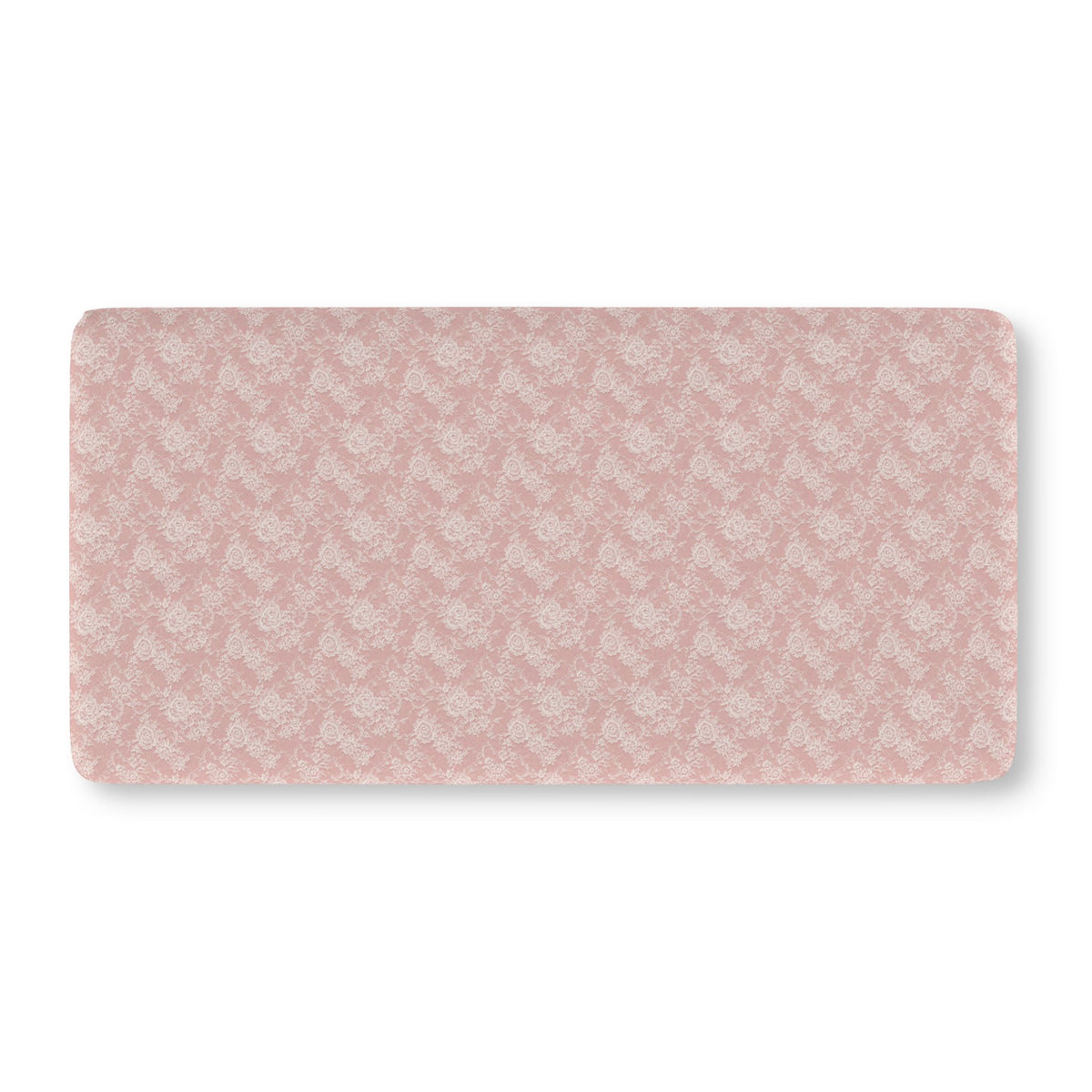 Blush Pink Lace Floral Crib Sheet laid flat in Standard size with white lace style roses on blush pink