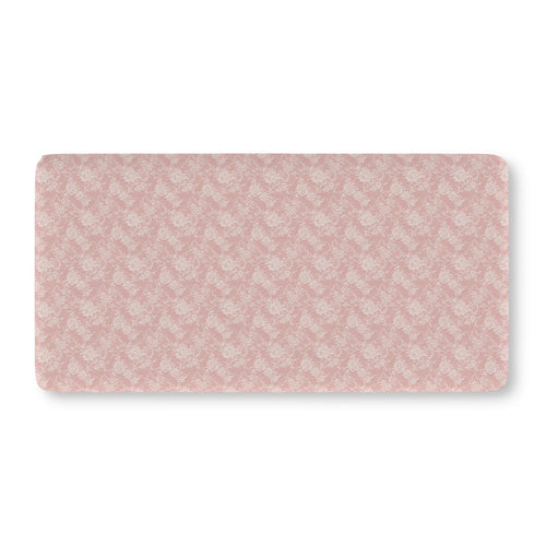 Blush Pink Lace Floral Crib Sheet laid flat in Standard size with white lace style roses on blush pink