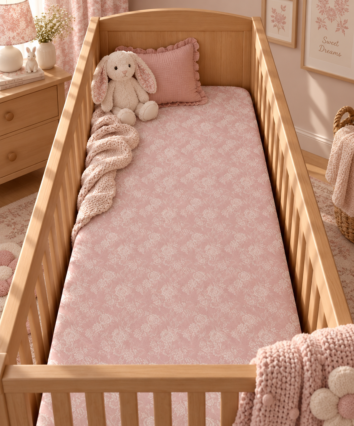 Blush Pink Lace Floral Crib Sheet on a wooden crib mattress in a baby girl nursery