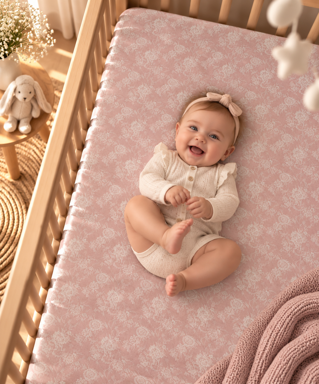 Smiling baby lying on the Blush Pink Lace Floral Crib Sheet