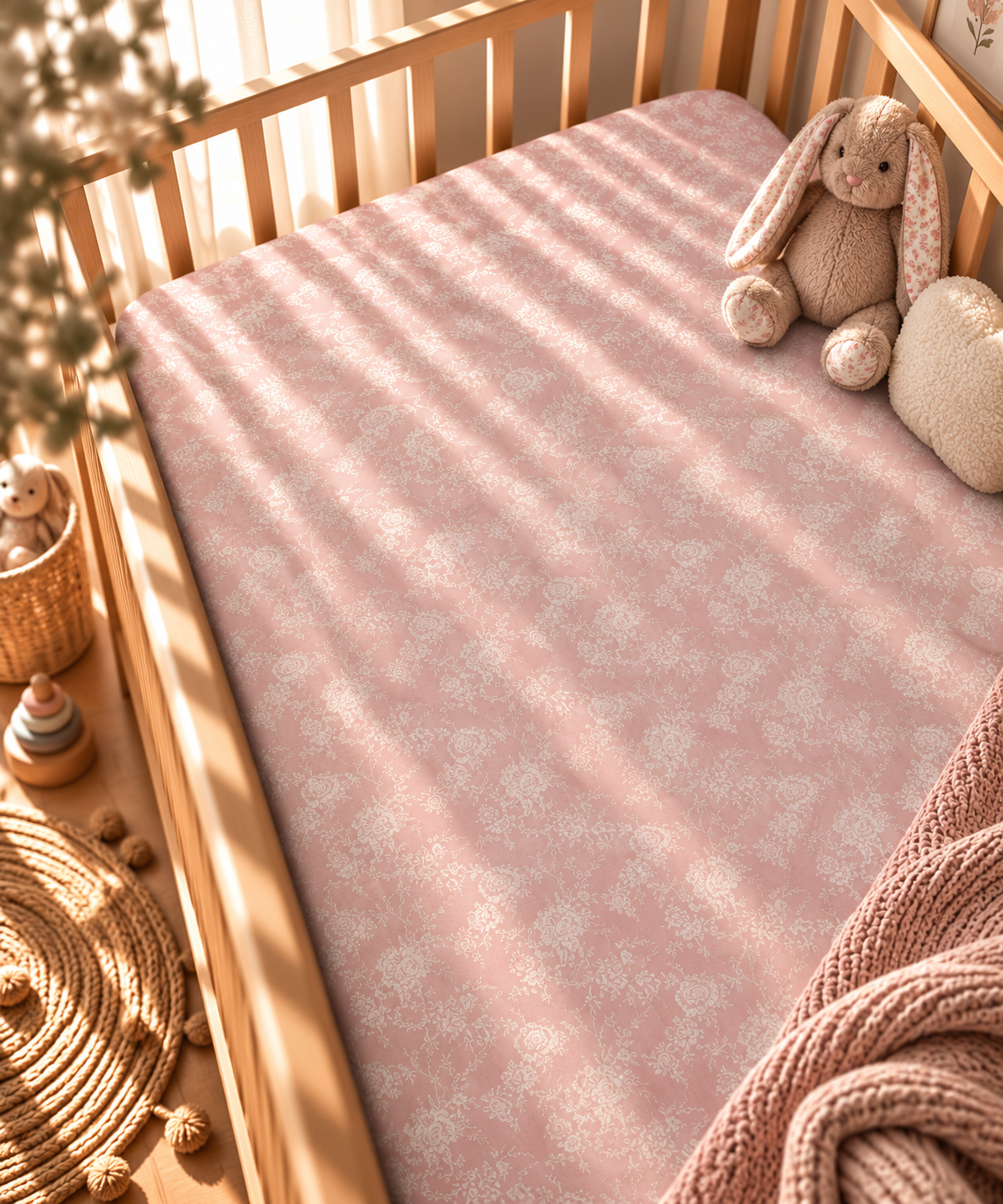 Blush Pink Lace Floral Crib Sheet fitted in a wooden crib with a plush toy