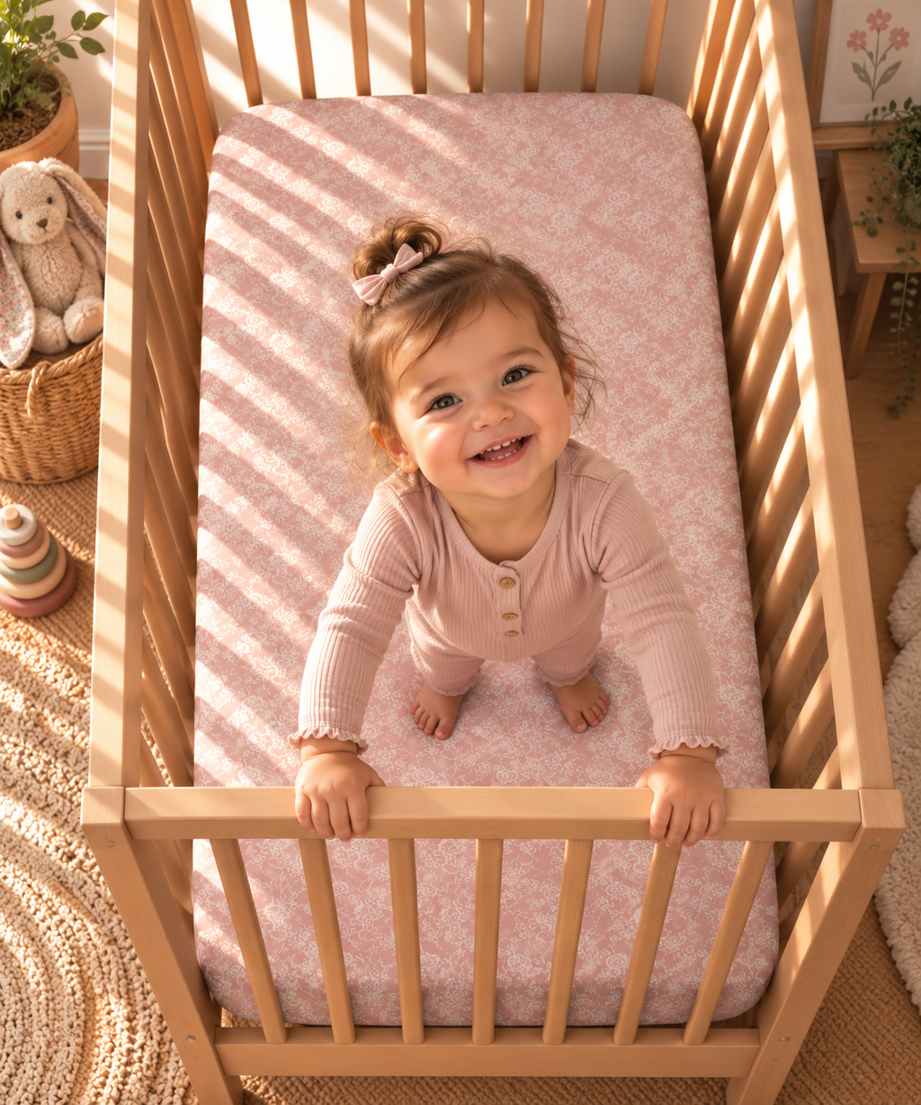 Toddler standing in a crib fitted with the Blush Pink Lace Floral Crib Sheet