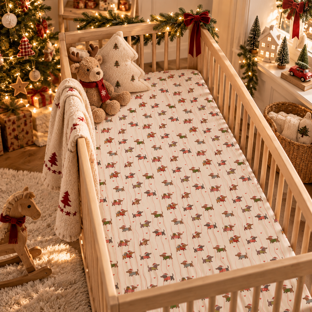 Christmas Dachshund Crib Sheet on a wooden crib mattress in a Christmas nursery