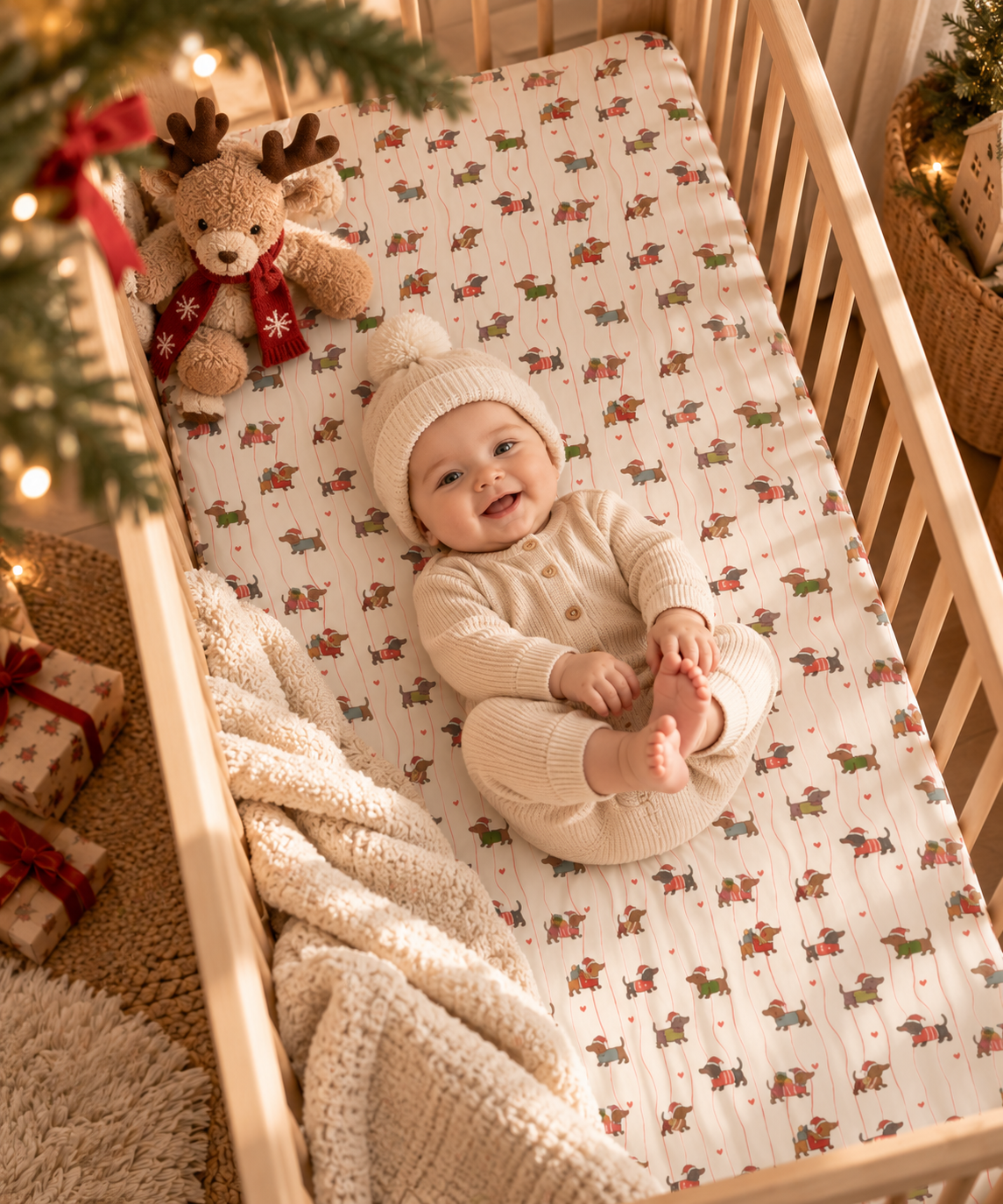 Baby lying on the Christmas Dachshund Crib Sheet