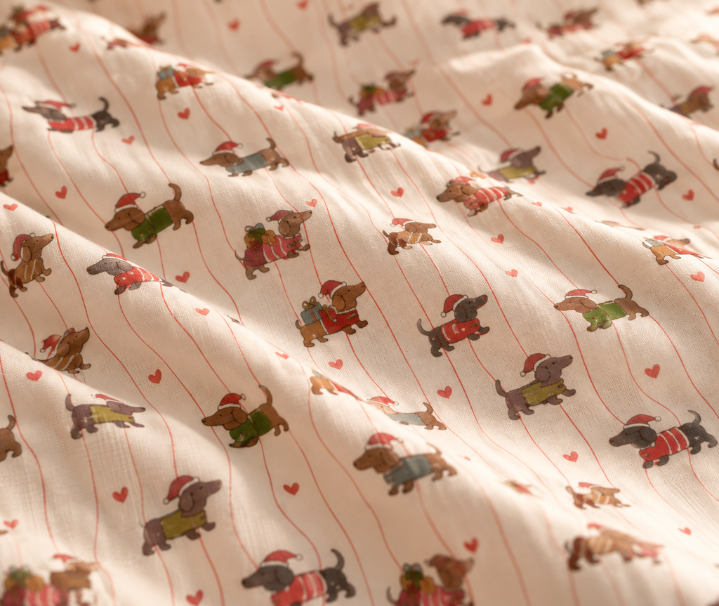 Close-up of the Christmas Dachshund Crib Sheet fabric showing dachshunds in holiday sweaters on cream