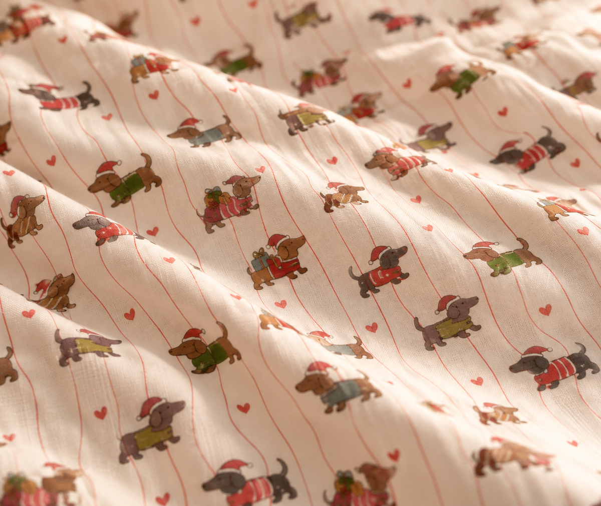 Close-up of the Christmas Dachshund Crib Sheet fabric showing dachshunds in holiday sweaters on cream