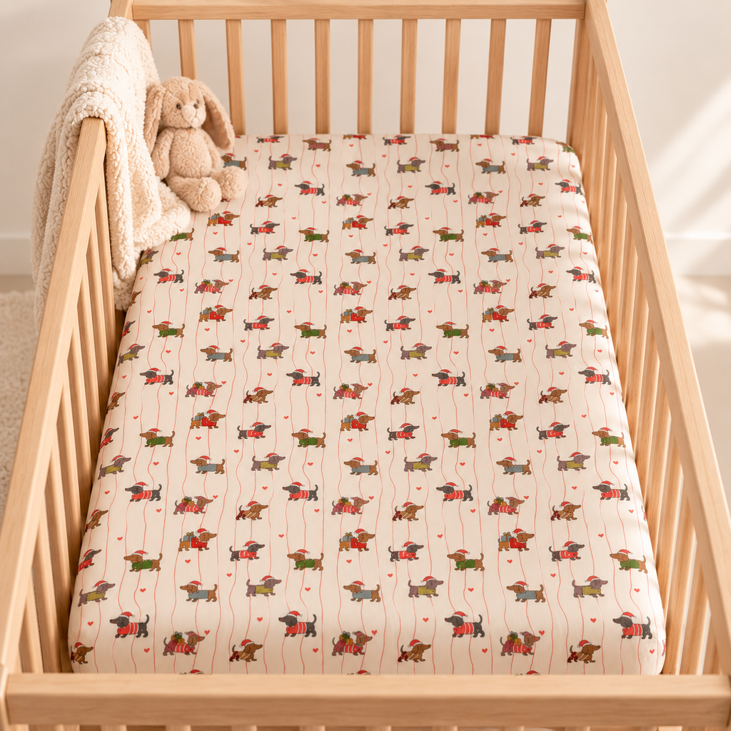 Christmas Dachshund Crib Sheet seen from above in a wooden crib