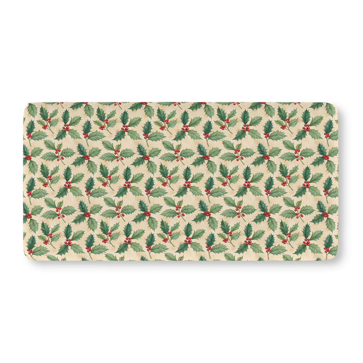Christmas Holly Crib Sheet laid flat in Standard size with holly leaves and red berries on cream