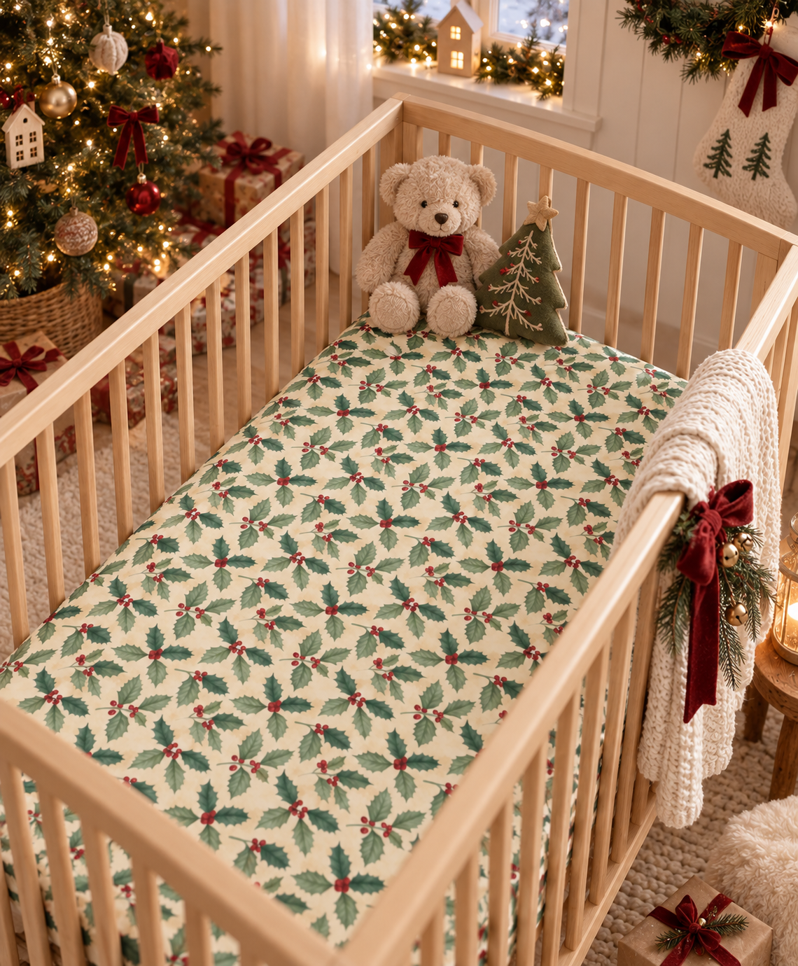 Christmas Holly Crib Sheet on a wooden crib mattress in a Christmas nursery