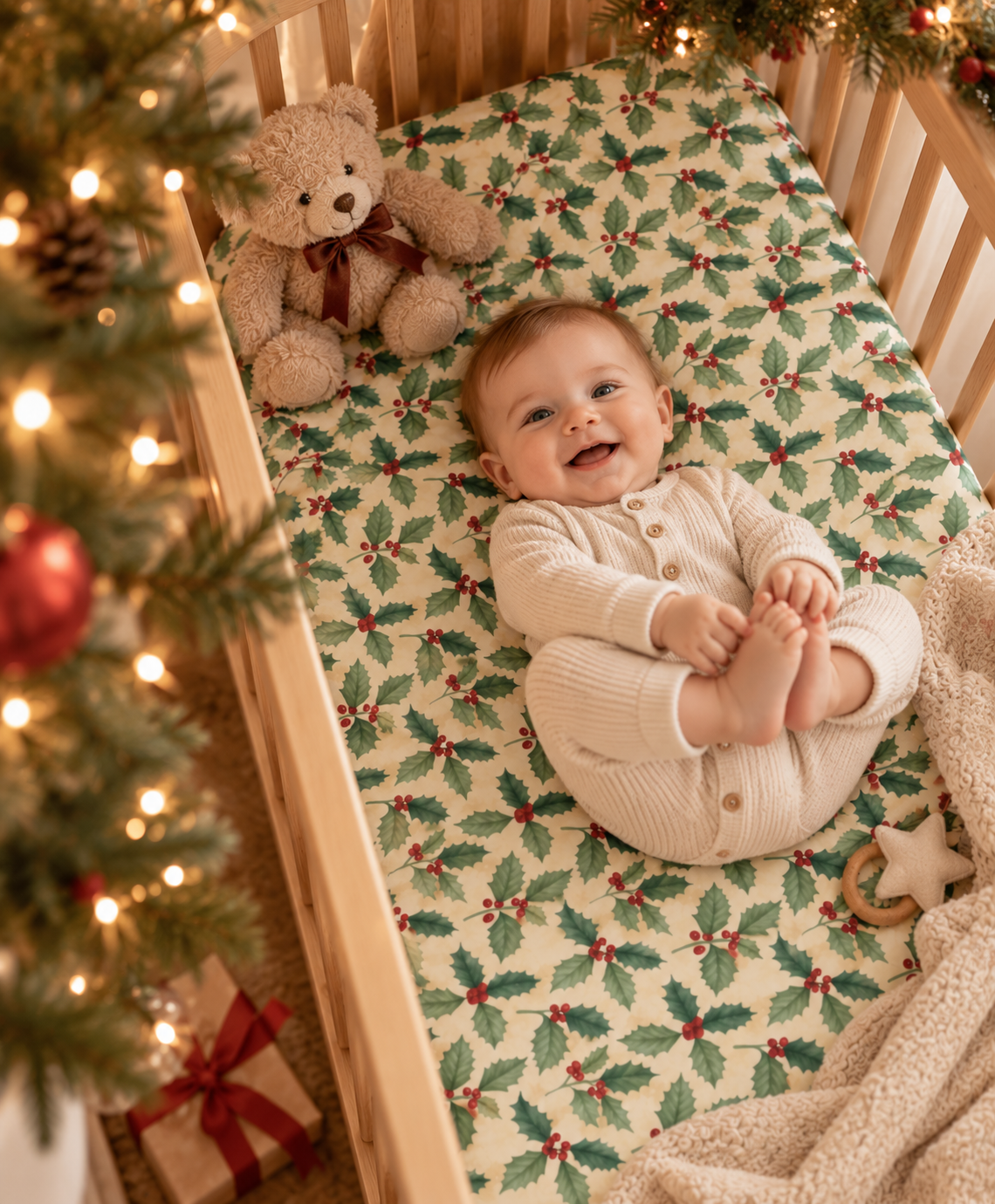 Smiling baby lying on the Christmas Holly Crib Sheet
