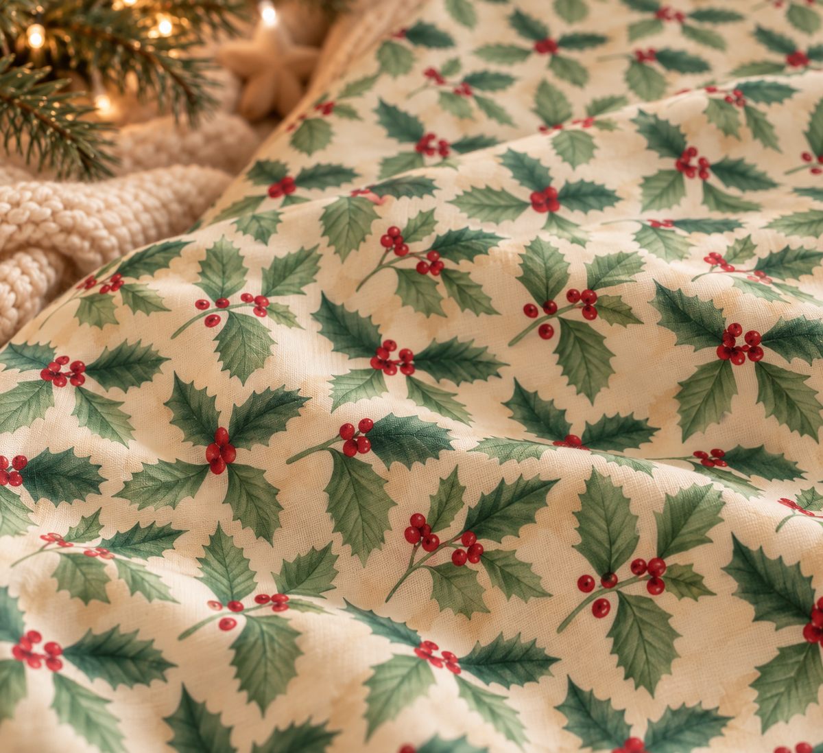 Close-up of the Christmas Holly Crib Sheet fabric showing holly leaves and red berries on cream