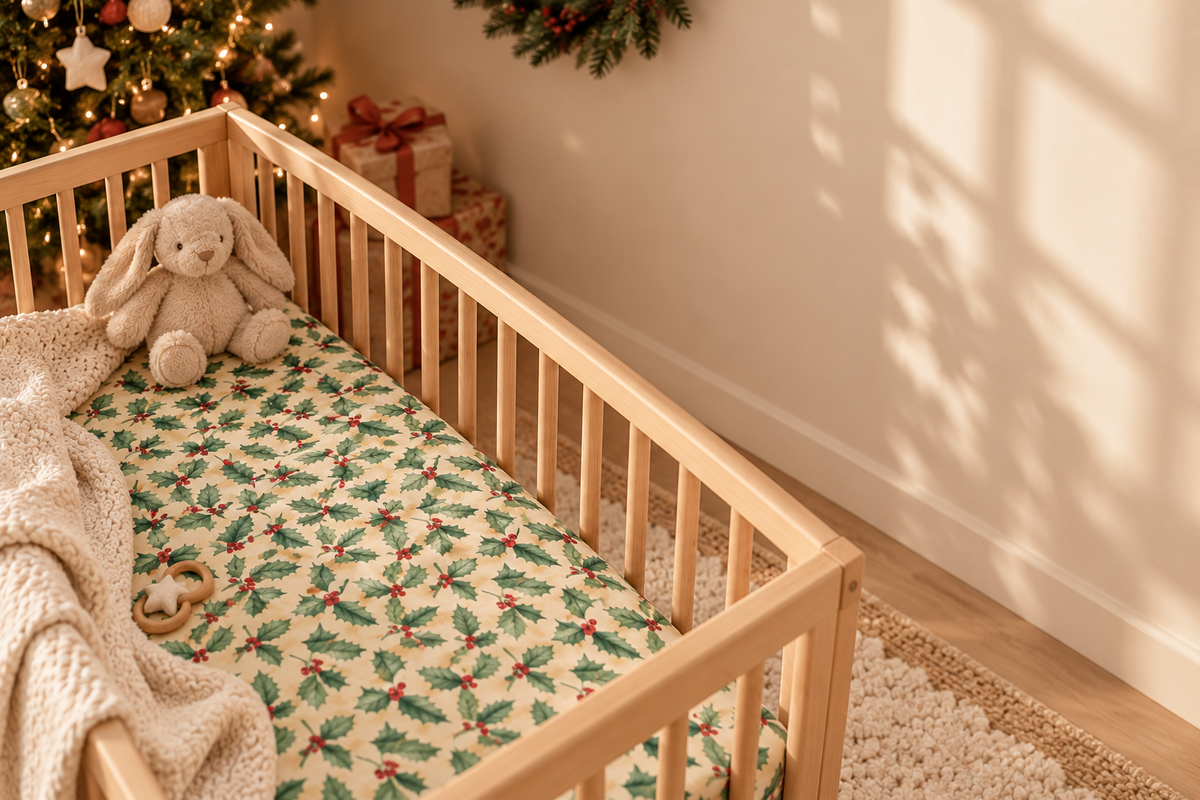 Christmas Holly Crib Sheet in a wooden crib in a sunlit nursery