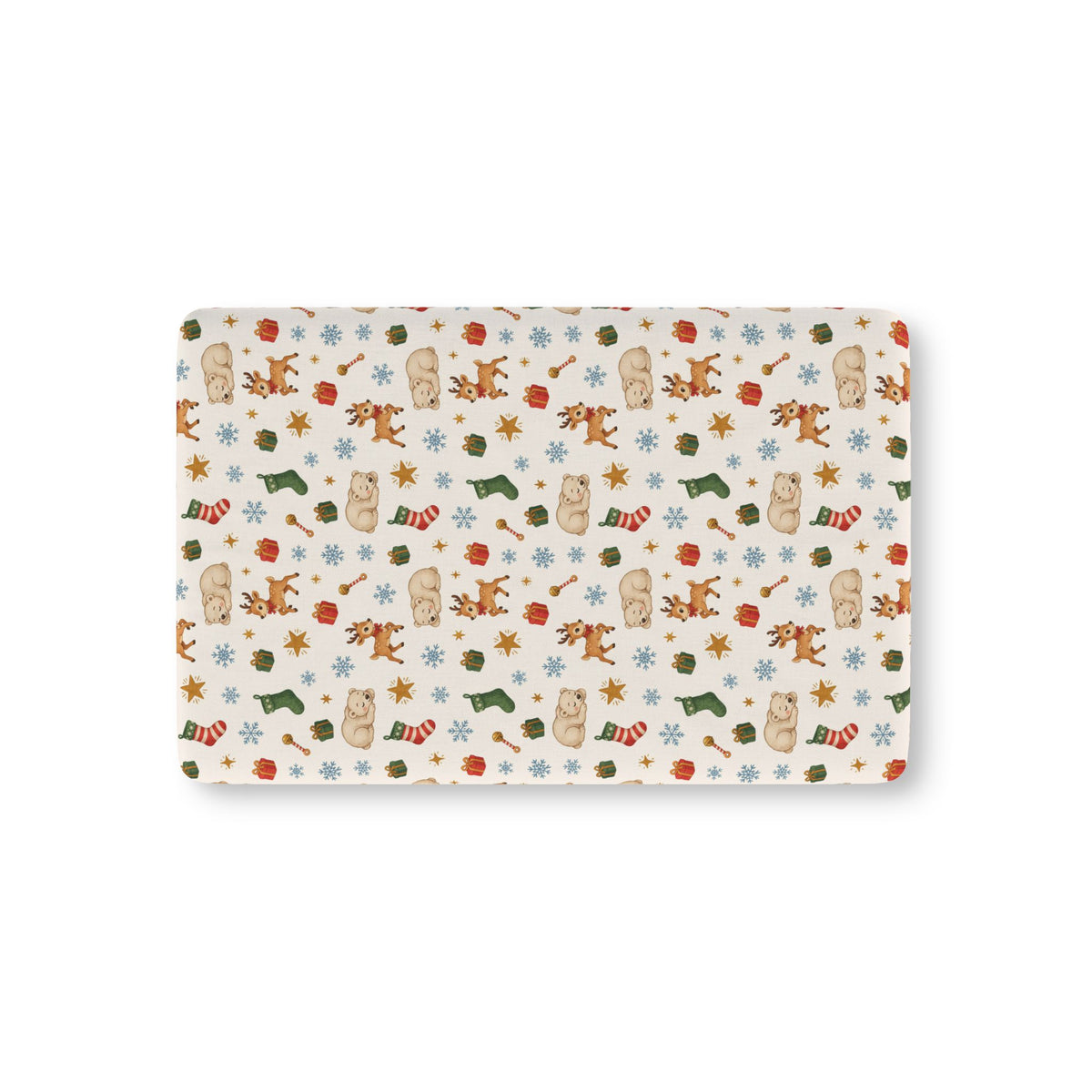 Christmas Polar Bear Crib Sheet laid flat in Mini size with polar bears, reindeer and stockings on cream