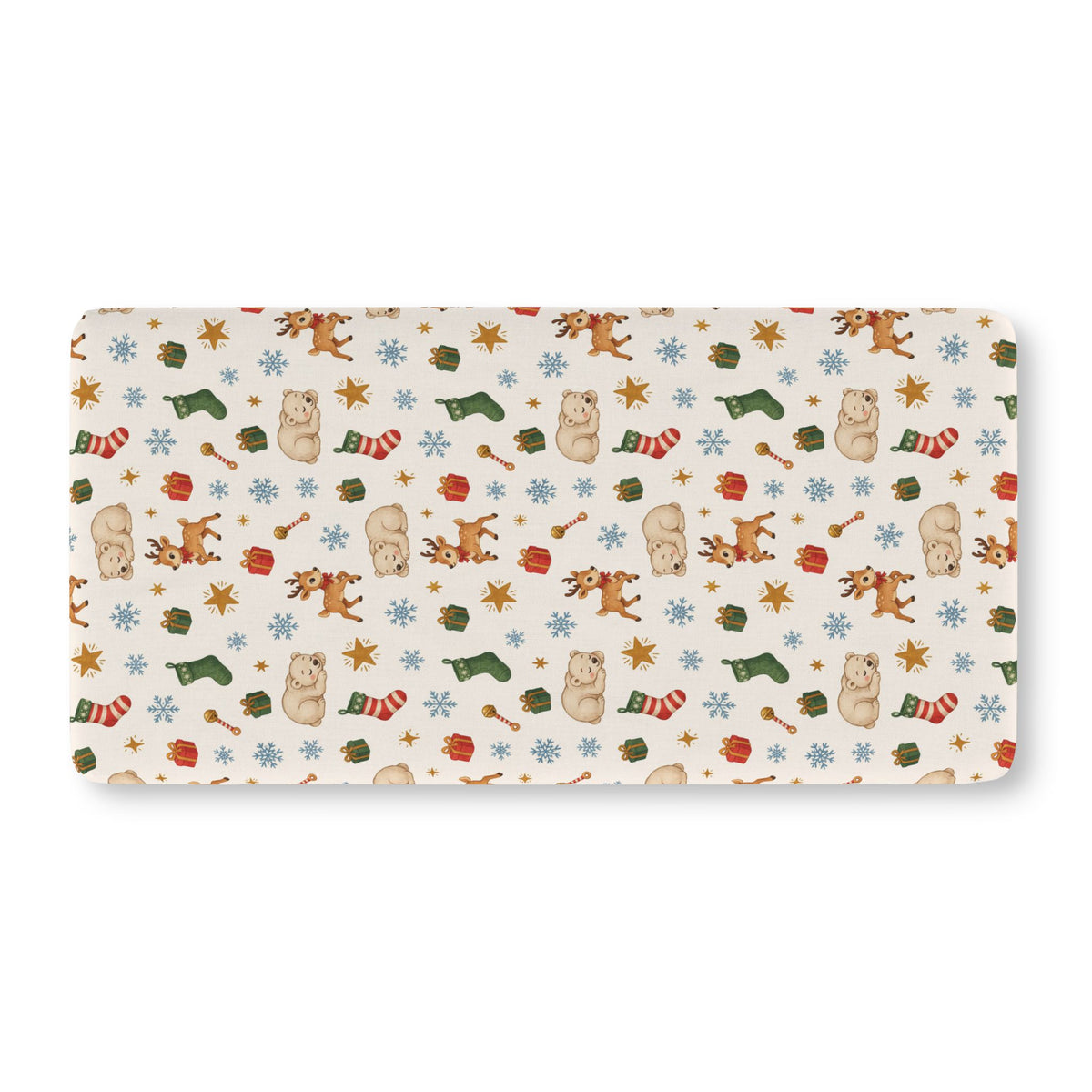 Christmas Polar Bear Crib Sheet laid flat in Standard size with polar bears, reindeer and stockings on cream