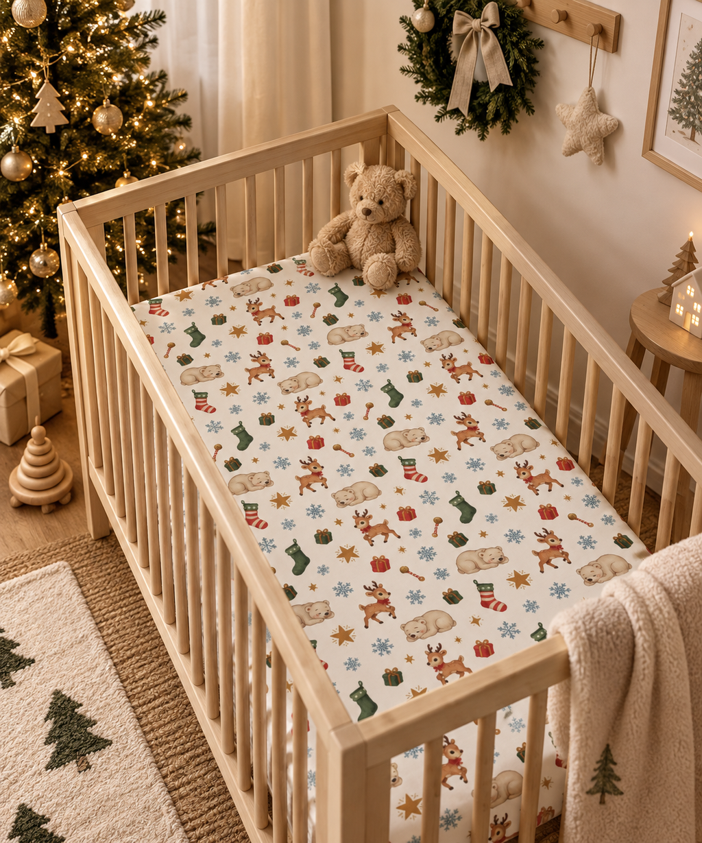 Christmas Polar Bear Crib Sheet on a wooden crib mattress in a Christmas nursery