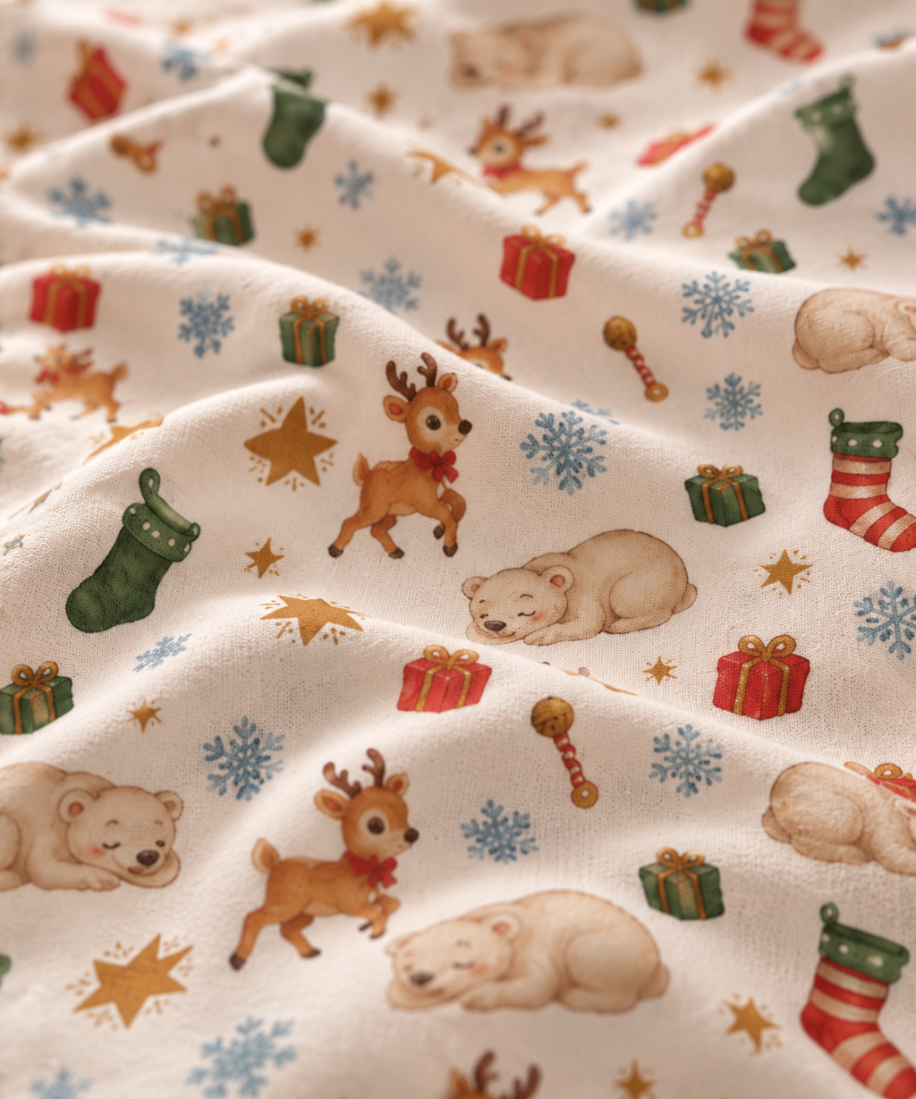 Close-up of the Christmas Polar Bear Crib Sheet fabric showing polar bears, reindeer and stockings on cream