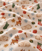 Close-up of the Christmas Polar Bear Crib Sheet fabric showing polar bears, reindeer and stockings on cream
