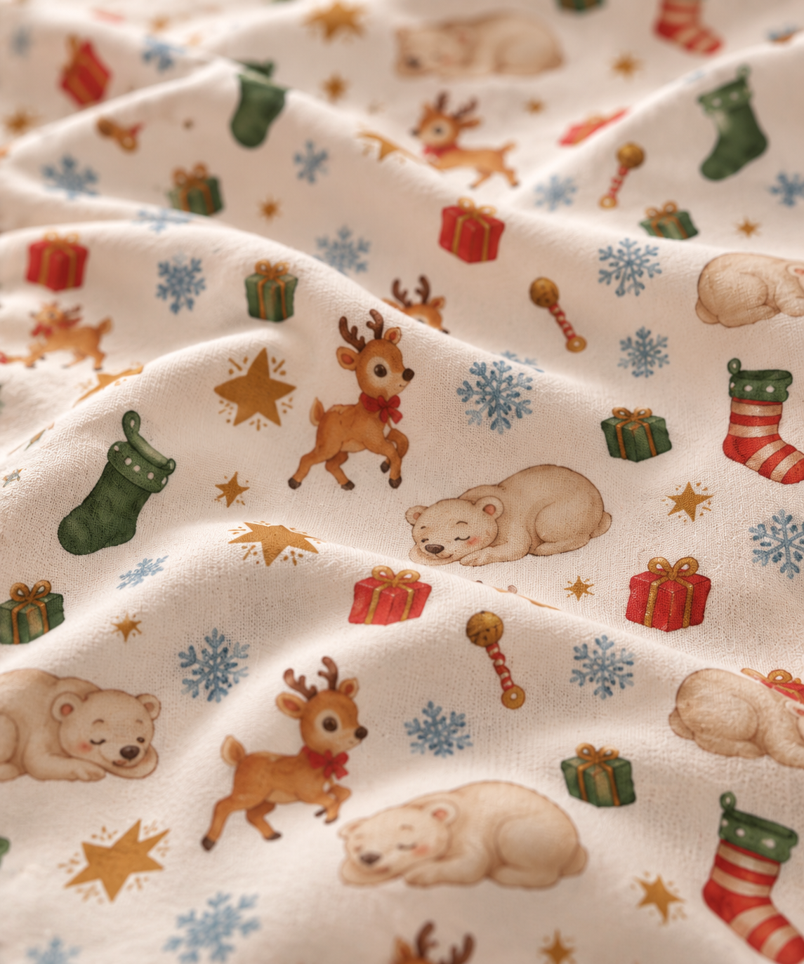 Close-up of the Christmas Polar Bear Crib Sheet fabric showing polar bears, reindeer and stockings on cream