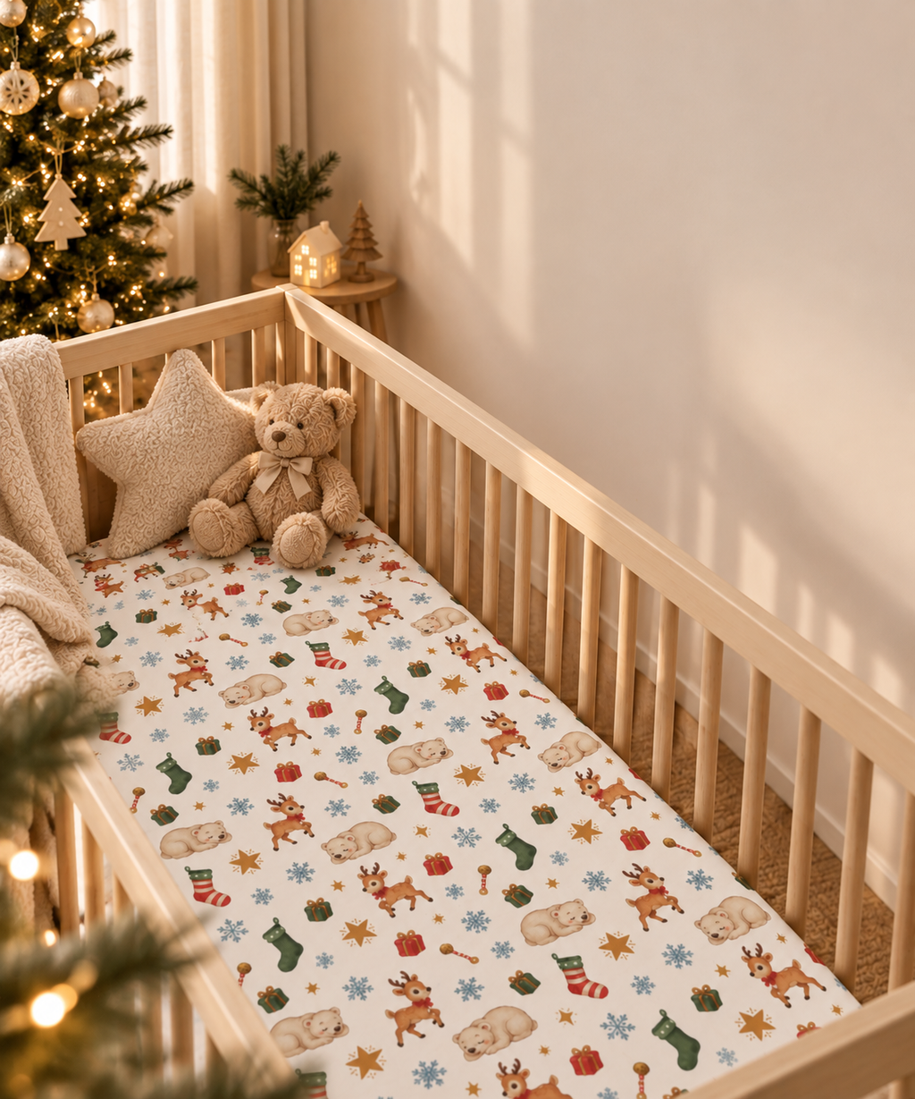 Christmas Polar Bear Crib Sheet in a wooden crib in a sunlit nursery