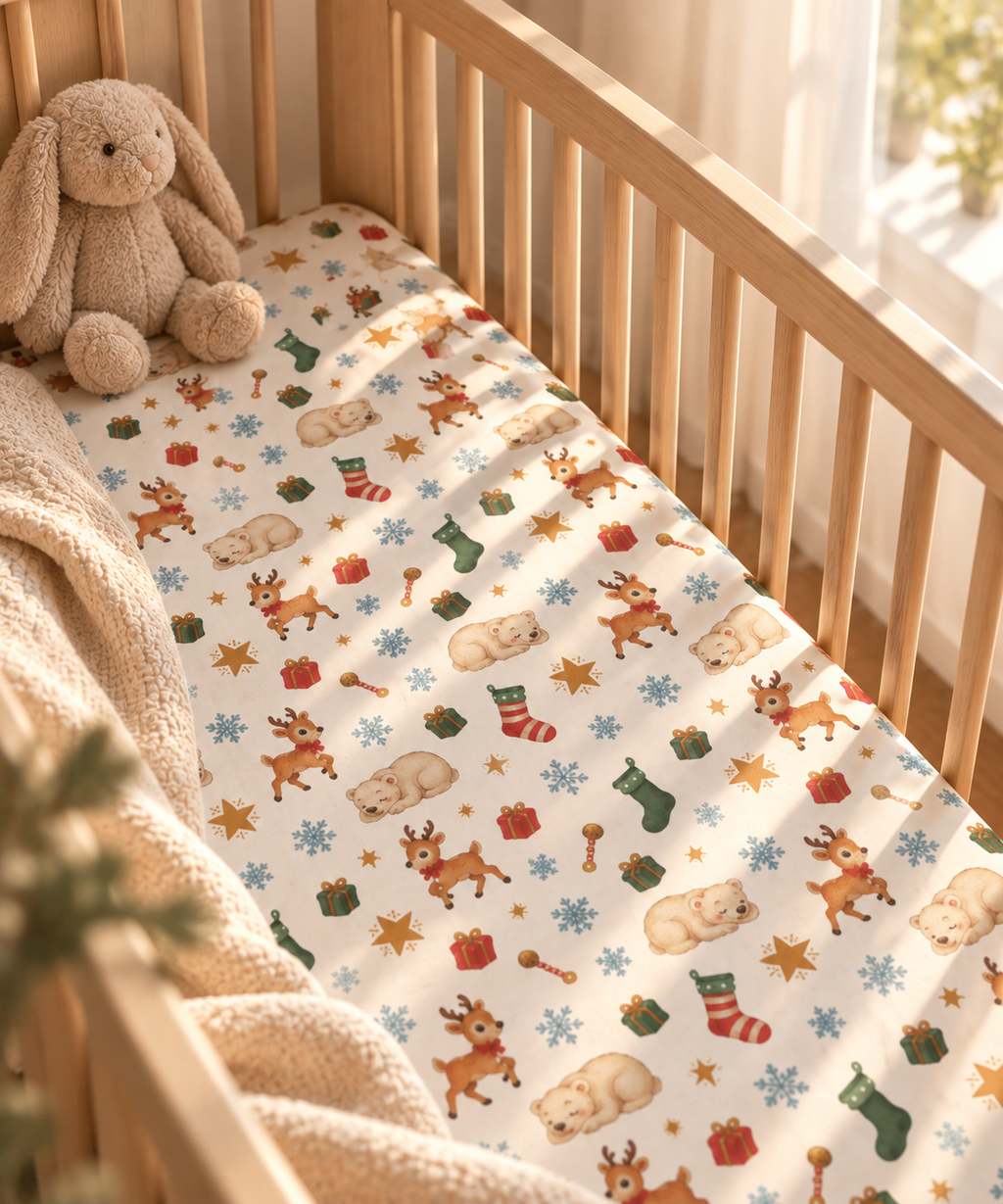 Christmas Polar Bear Crib Sheet fitted in a wooden crib with a plush toy