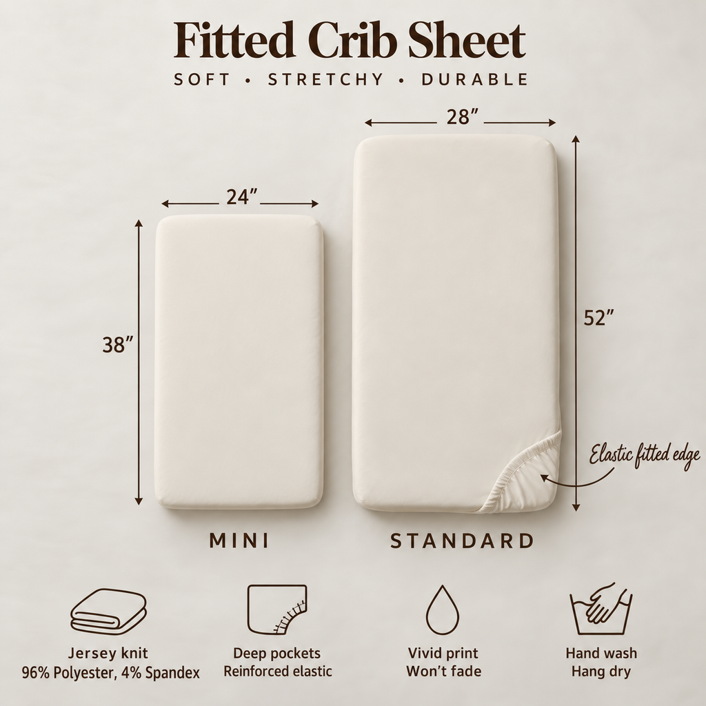 Size chart for the Christmas Polar Bear Crib Sheet: Mini 24 x 38 inches and Standard 28 x 52 inches