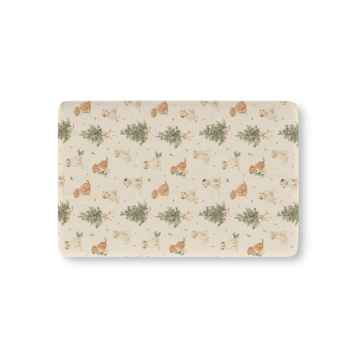 Christmas Puppy Crib Sheet laid flat in Mini size with puppies and little pine trees on cream