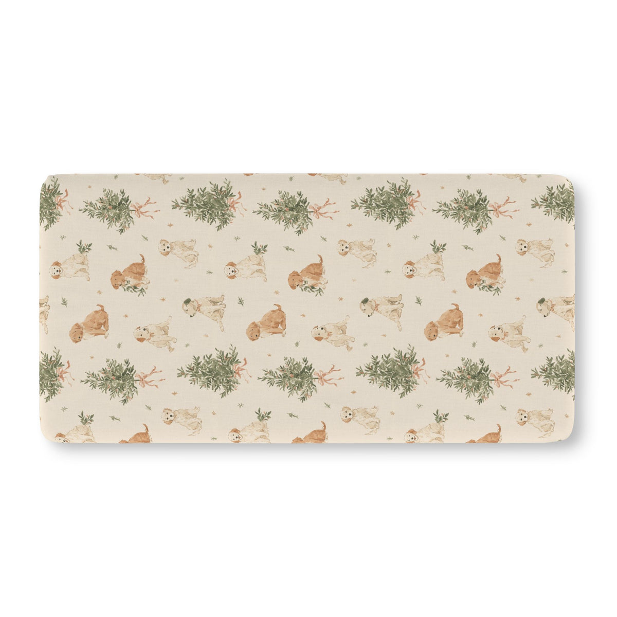 Christmas Puppy Crib Sheet laid flat in Standard size with puppies and little pine trees on cream