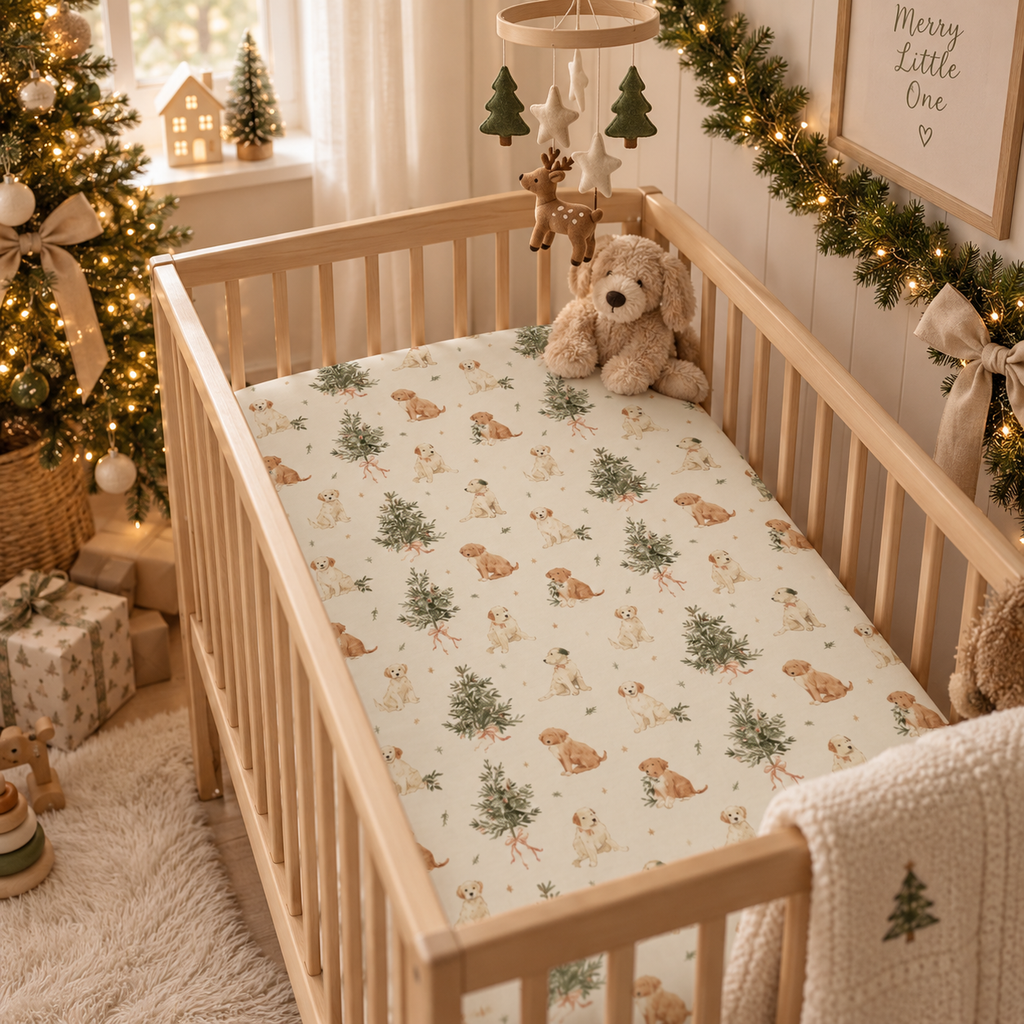 Christmas Puppy Crib Sheet on a wooden crib mattress in a Christmas nursery
