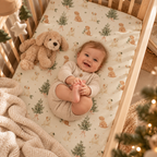 Smiling baby lying on the Christmas Puppy Crib Sheet