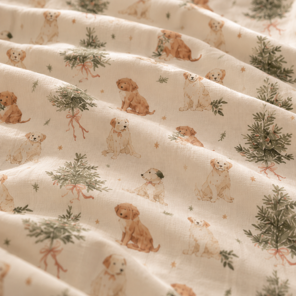 Close-up of the Christmas Puppy Crib Sheet fabric showing puppies and little pine trees on cream