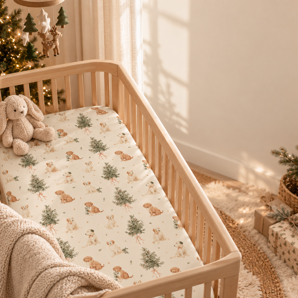 Christmas Puppy Crib Sheet in a wooden crib in a sunlit nursery