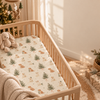 Christmas Puppy Crib Sheet in a wooden crib in a sunlit nursery