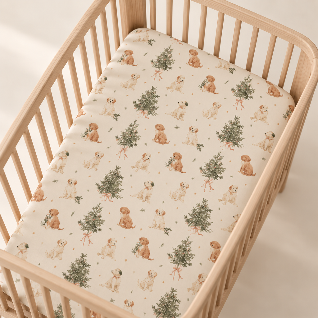 Christmas Puppy Crib Sheet seen from above in a wooden crib