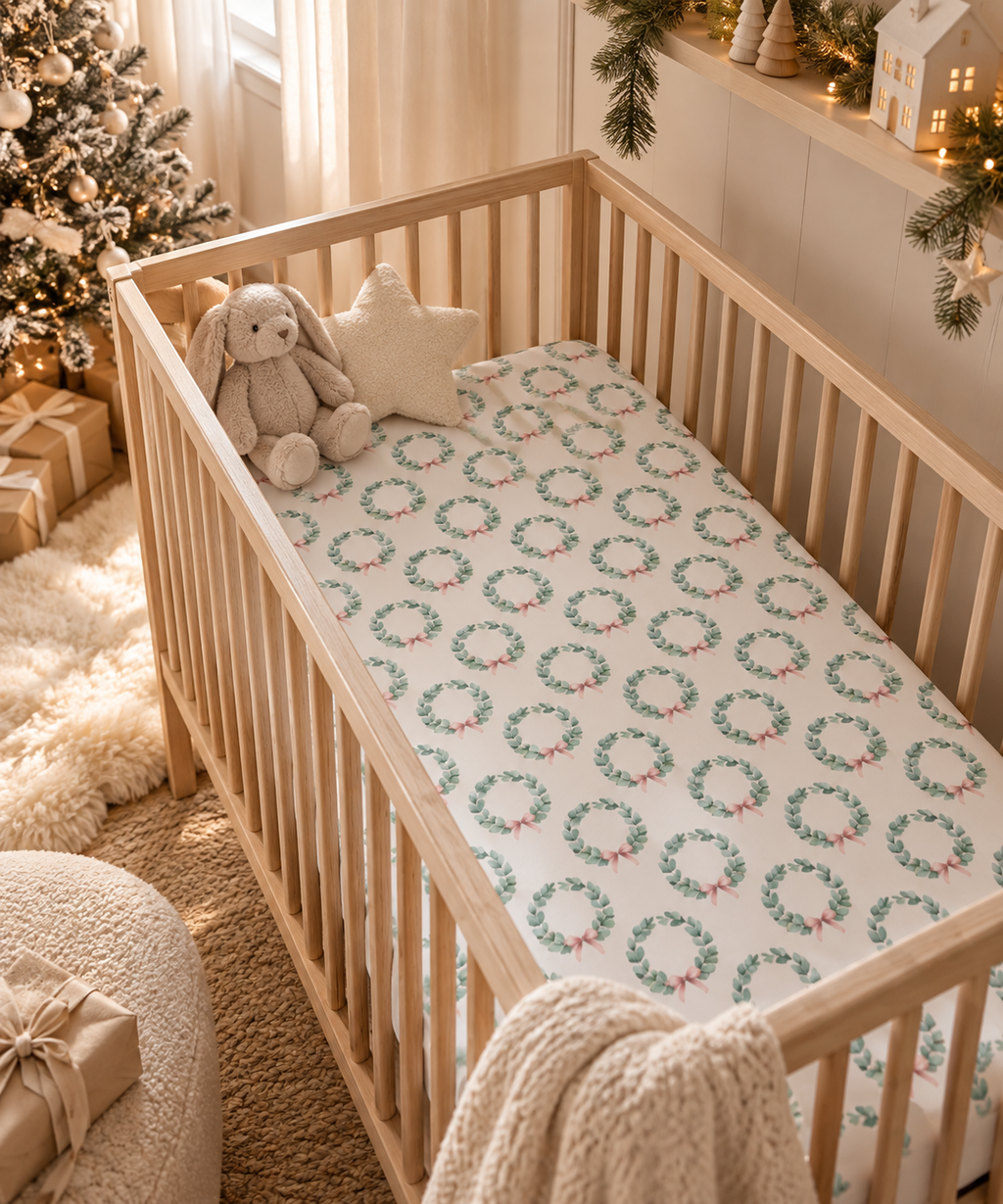 Christmas Wreath Crib Sheet on a wooden crib mattress in a Christmas nursery