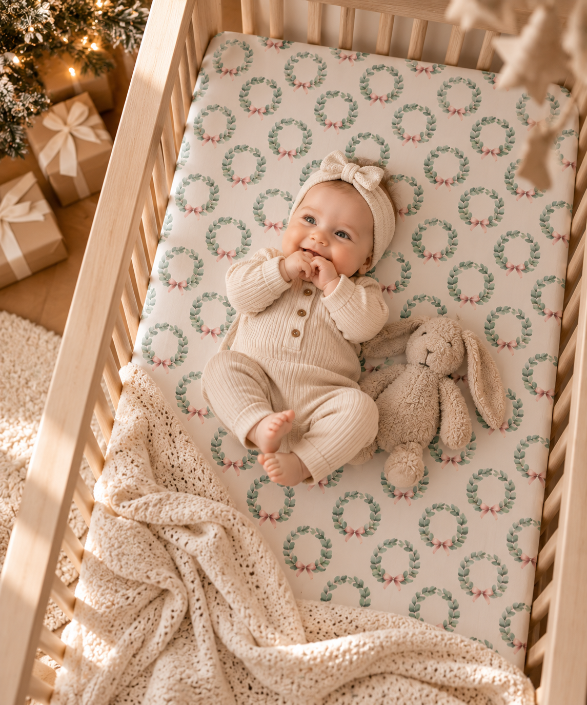 Baby lying on the Christmas Wreath Crib Sheet