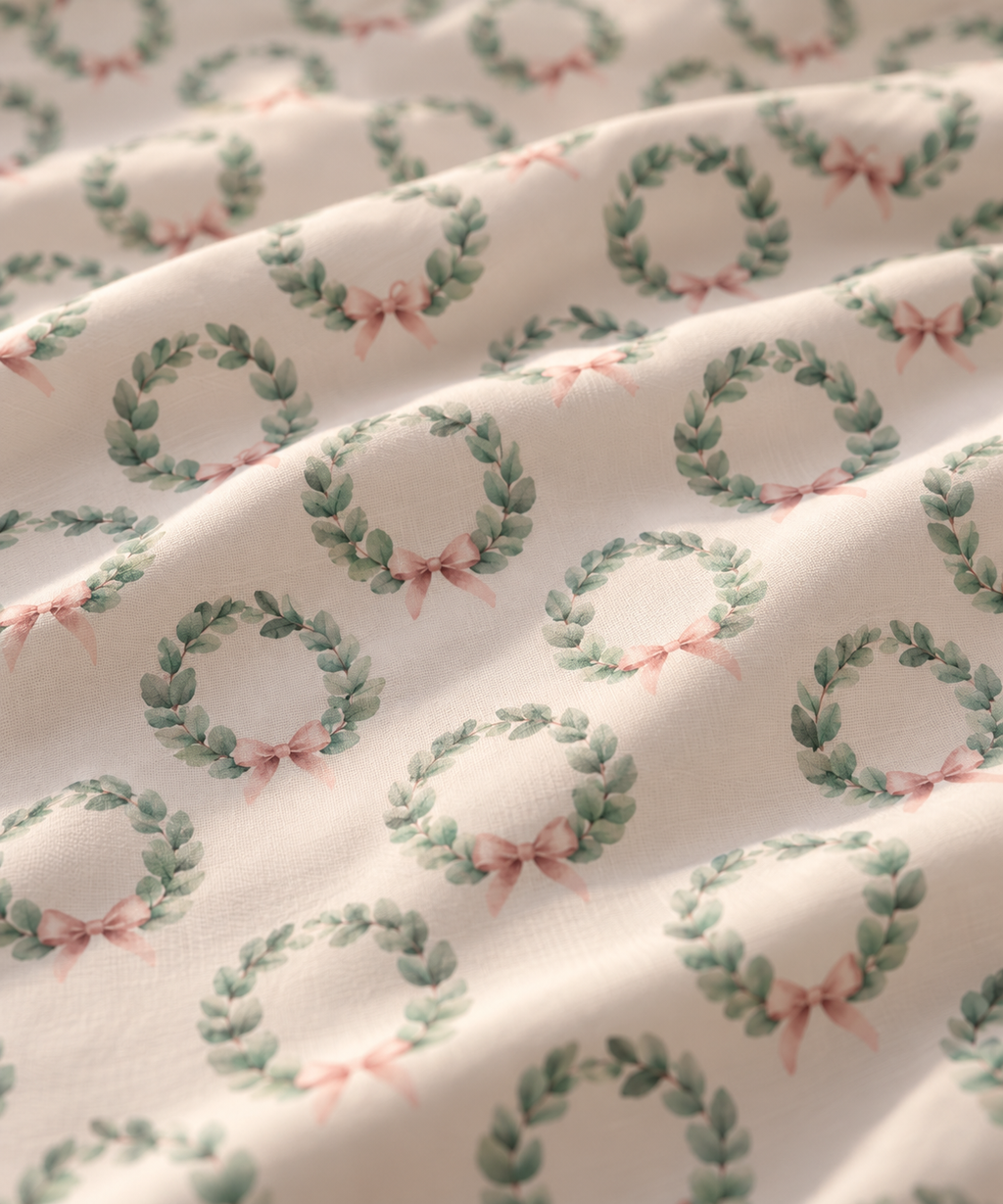 Close-up of the Christmas Wreath Crib Sheet fabric showing eucalyptus wreaths and pink bows on white