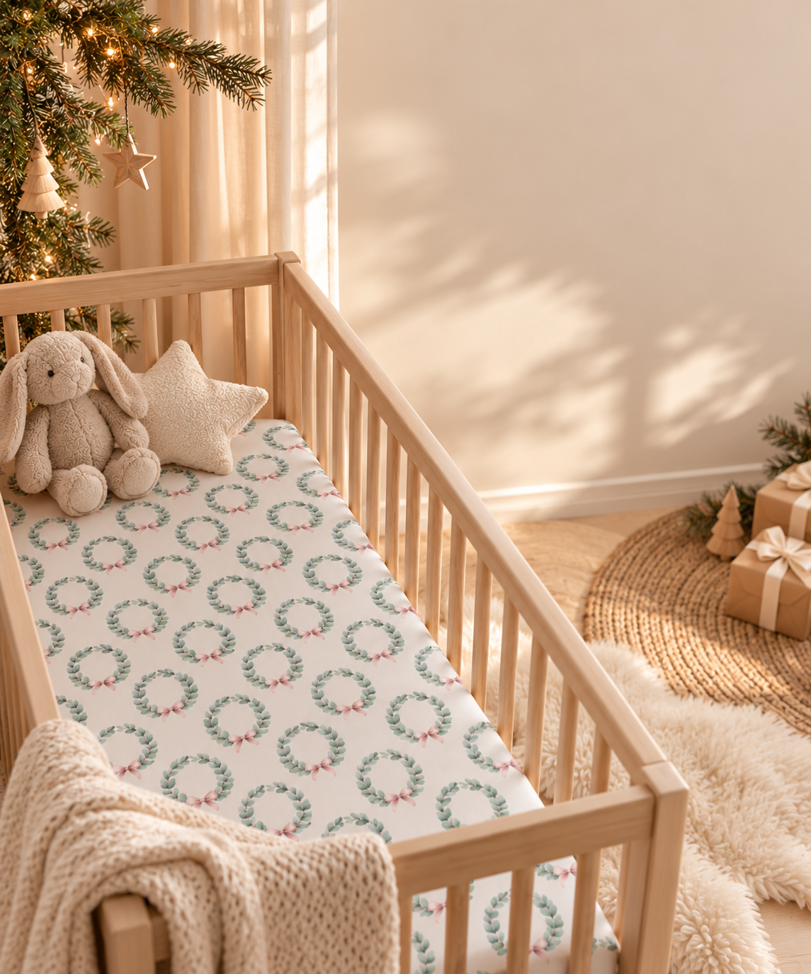 Christmas Wreath Crib Sheet in a wooden crib in a sunlit nursery