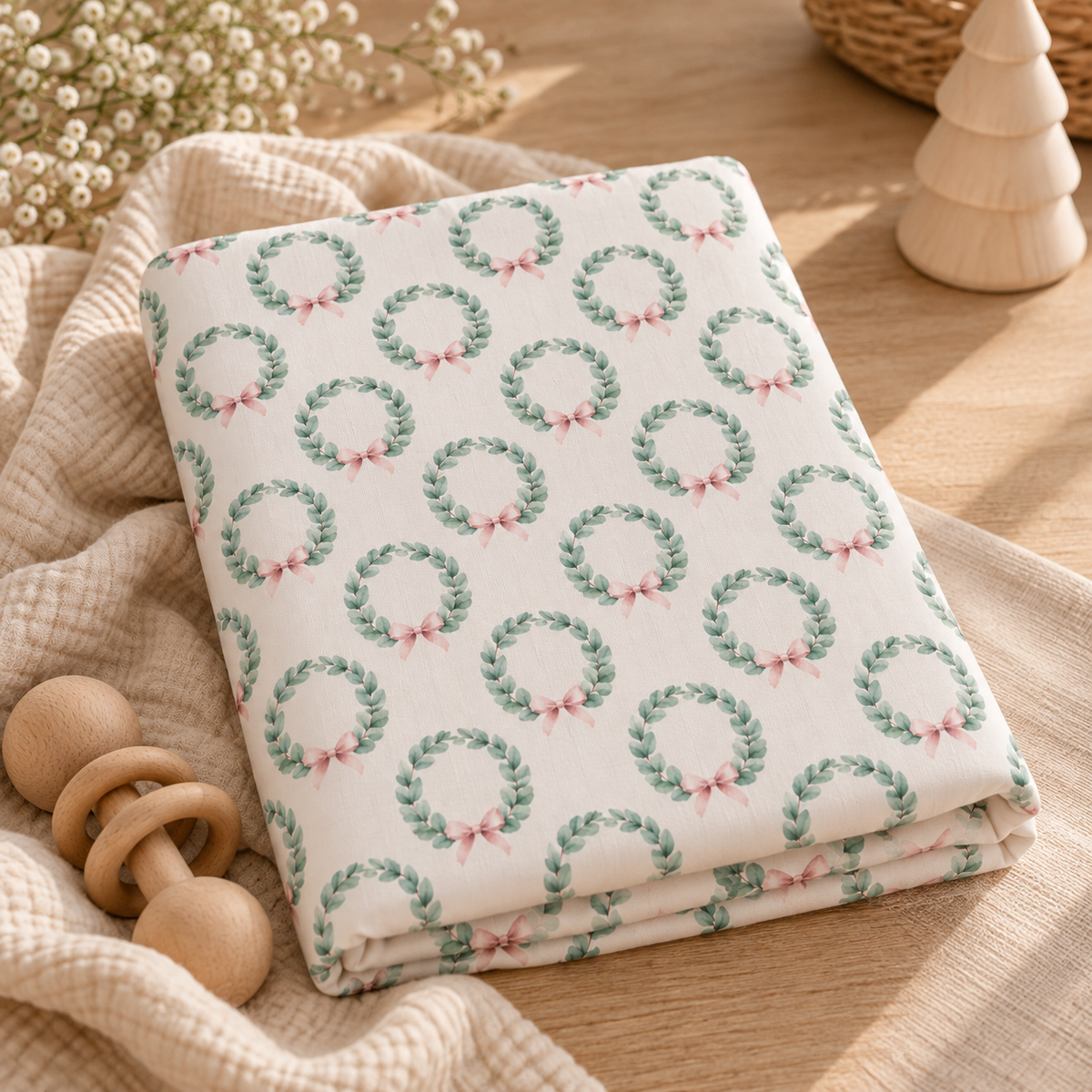 Christmas Wreath Crib Sheet folded on a wooden table