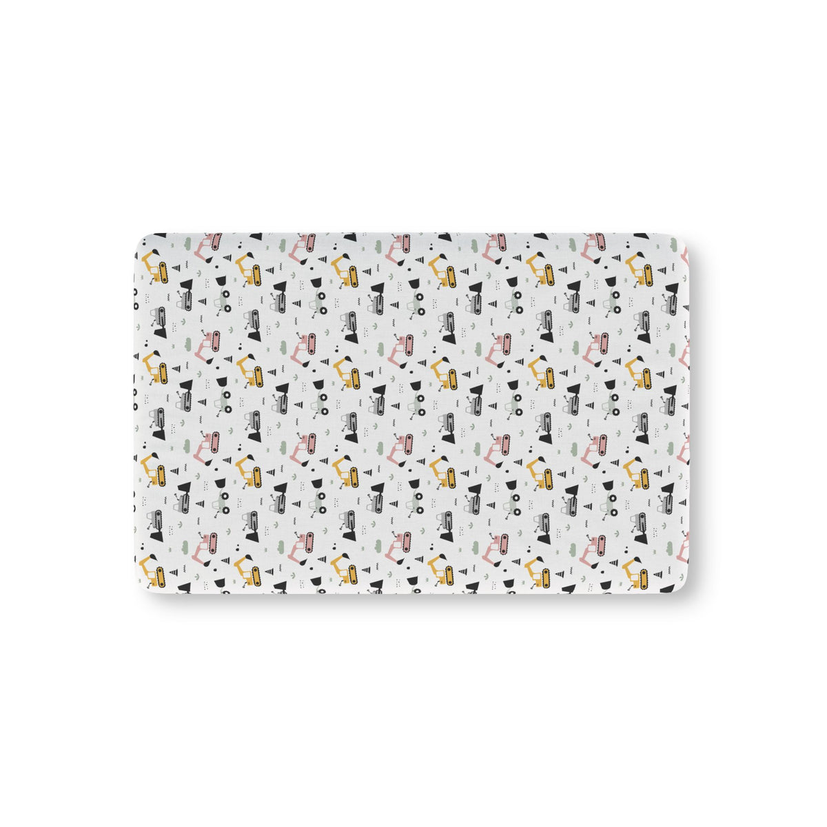 Construction Truck Crib Sheet laid flat in Mini size with excavators and bulldozers in mustard, pink and gray on white