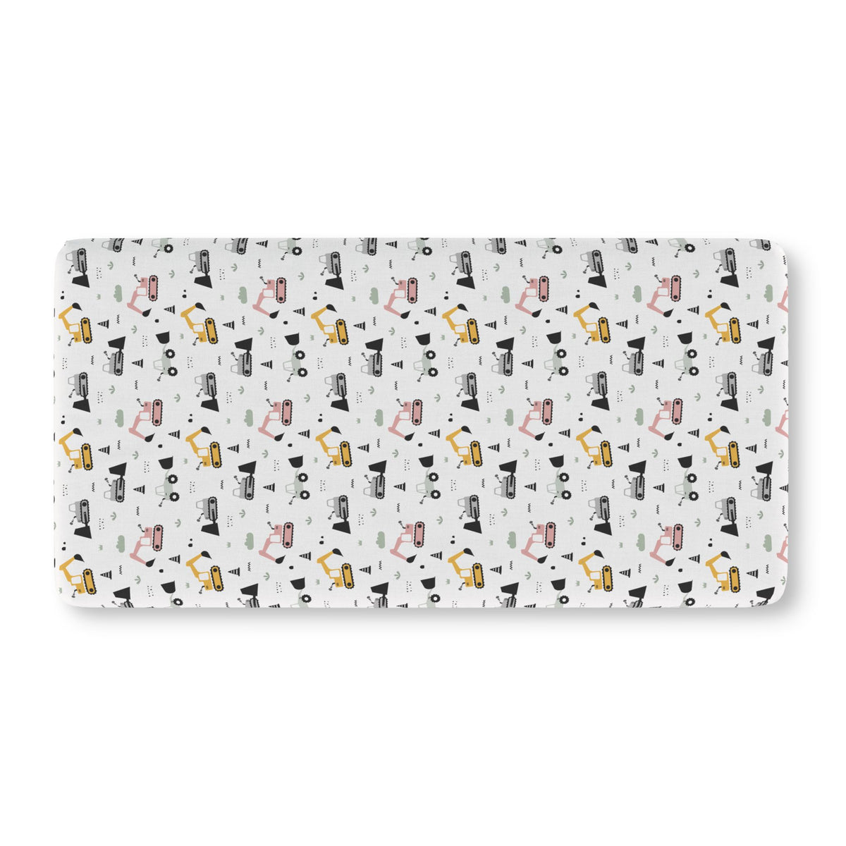 Construction Truck Crib Sheet laid flat in Standard size with excavators and bulldozers in mustard, pink and gray on white
