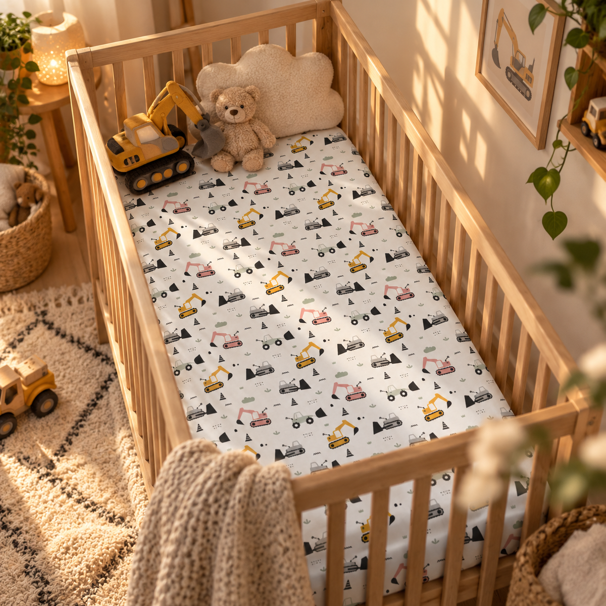 Construction Truck Crib Sheet on a wooden crib mattress in a construction nursery