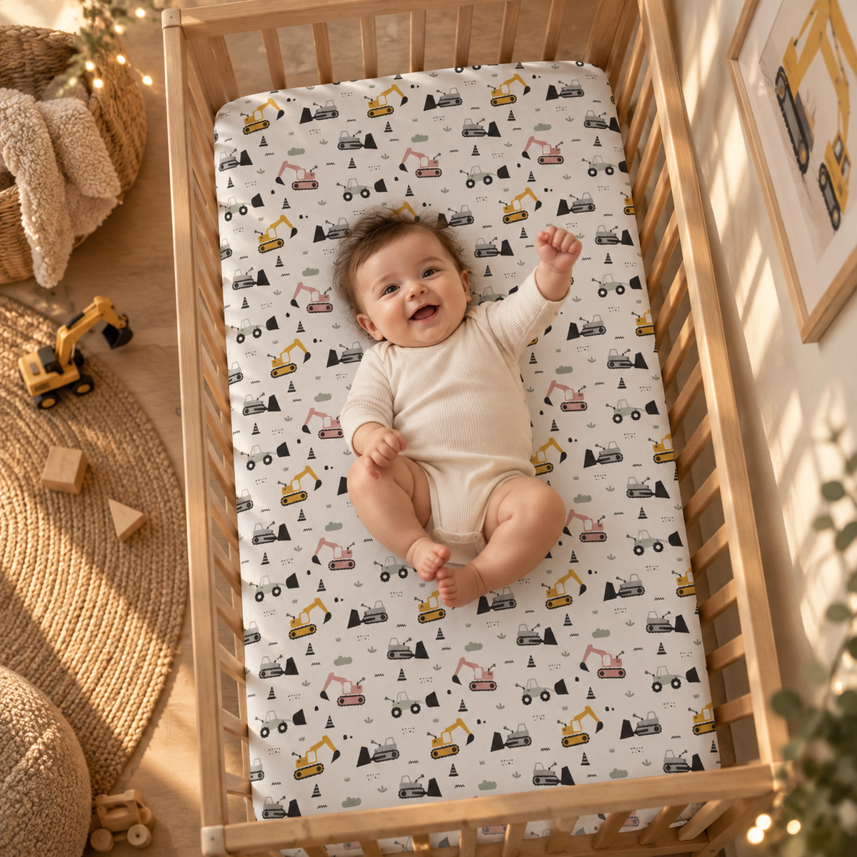 Smiling baby lying on the Construction Truck Crib Sheet