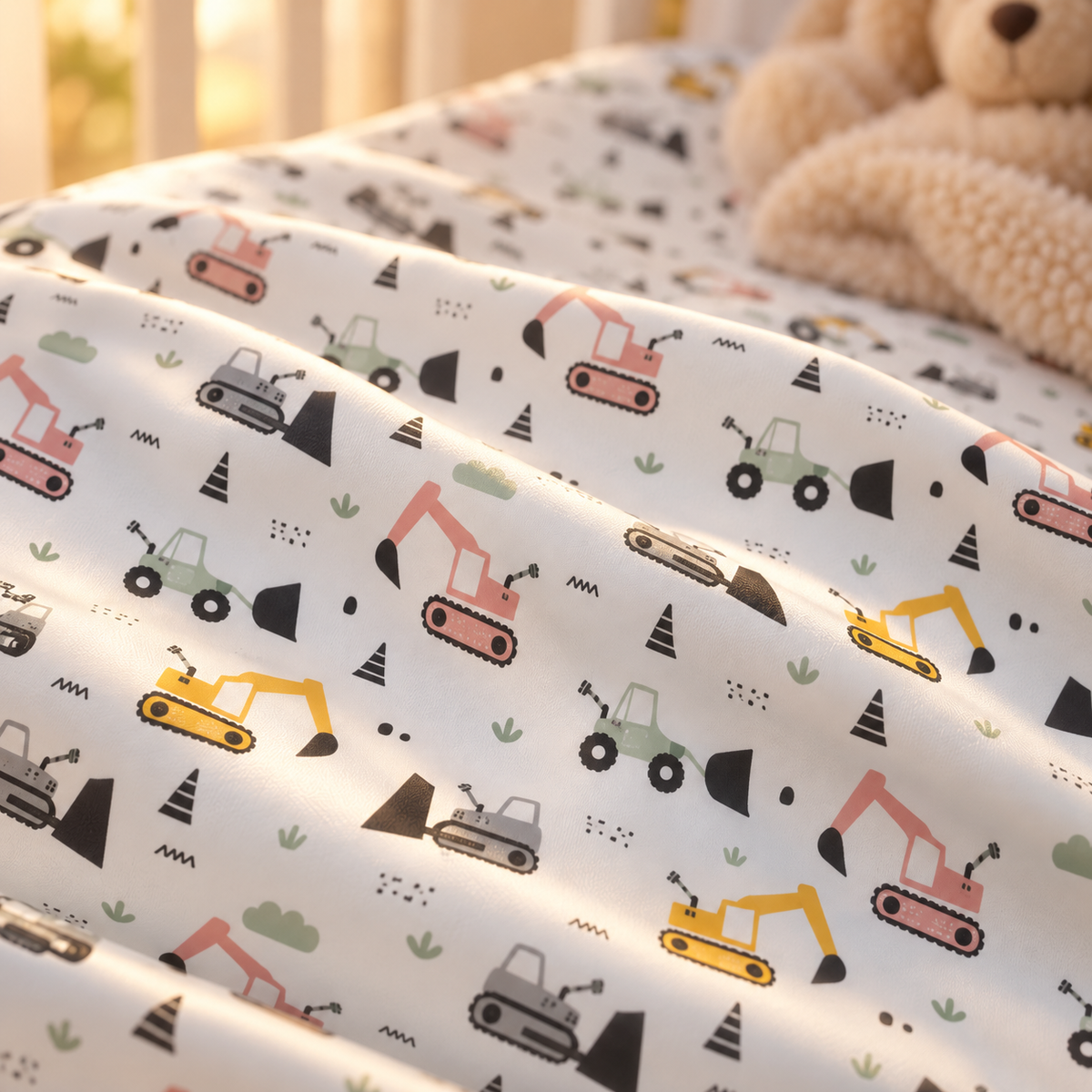 Close-up of the Construction Truck Crib Sheet fabric showing excavators and bulldozers in mustard, pink and gray on white