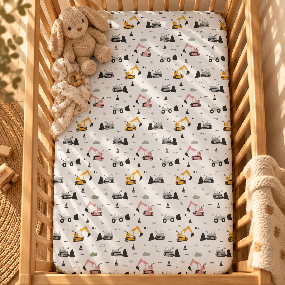 Construction Truck Crib Sheet seen from above in a wooden crib